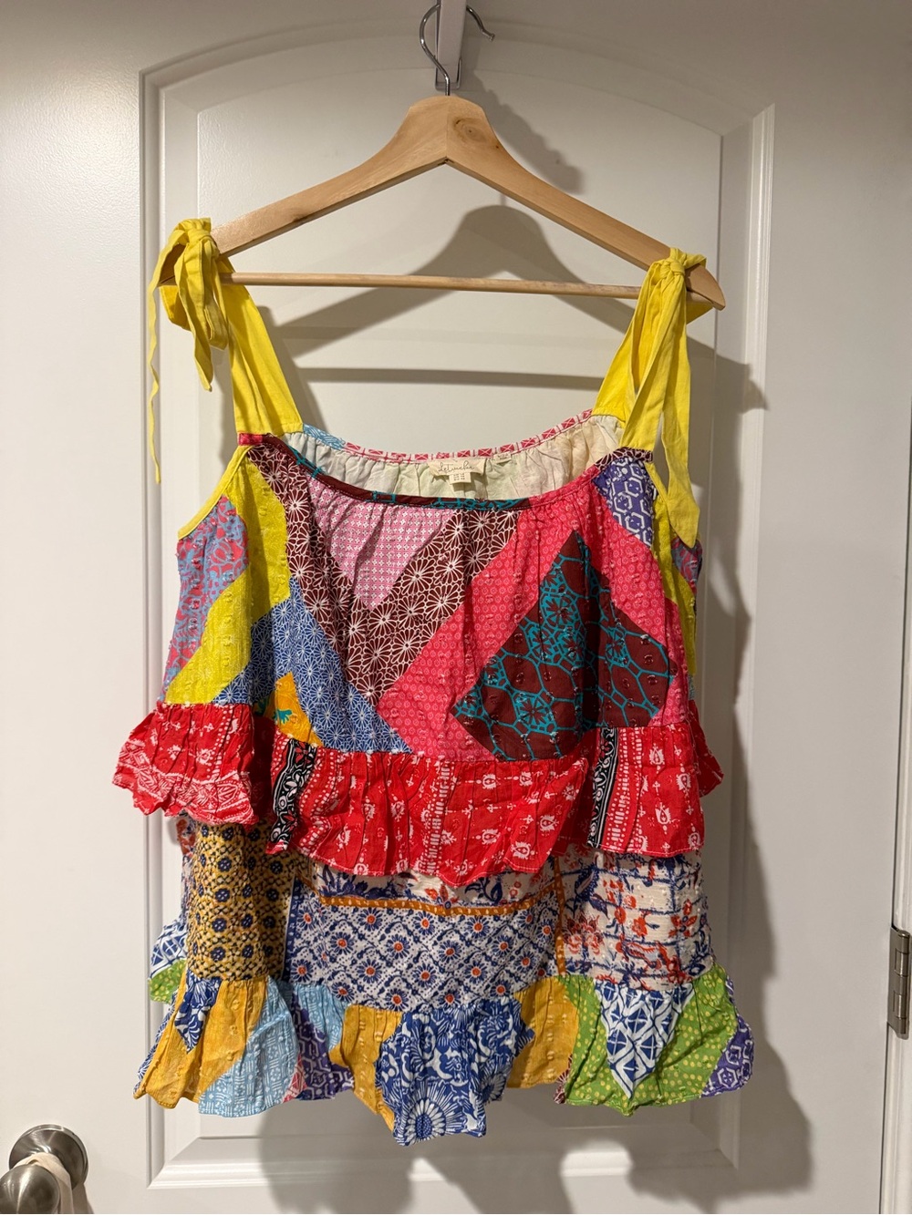 Patchwork Tiered Tie-Shoulder Women's Top in Yellow & Multicolor